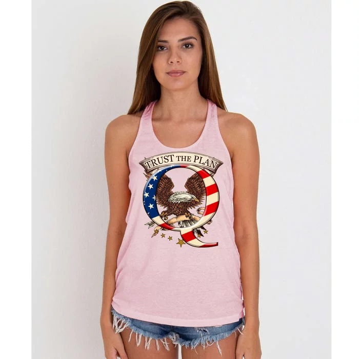 Trust The Plan Qanon American Flag Eagle Women's Knotted Racerback Tank