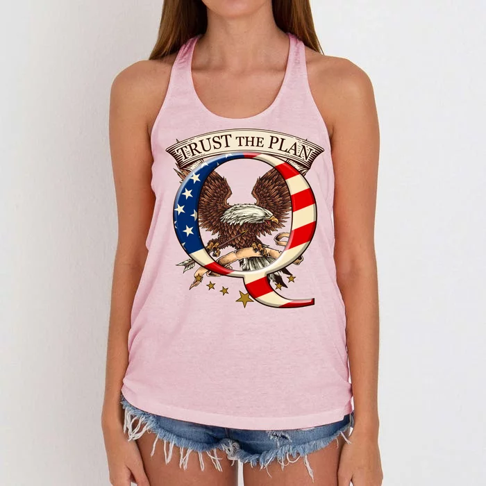 Trust The Plan Qanon American Flag Eagle Women's Knotted Racerback Tank