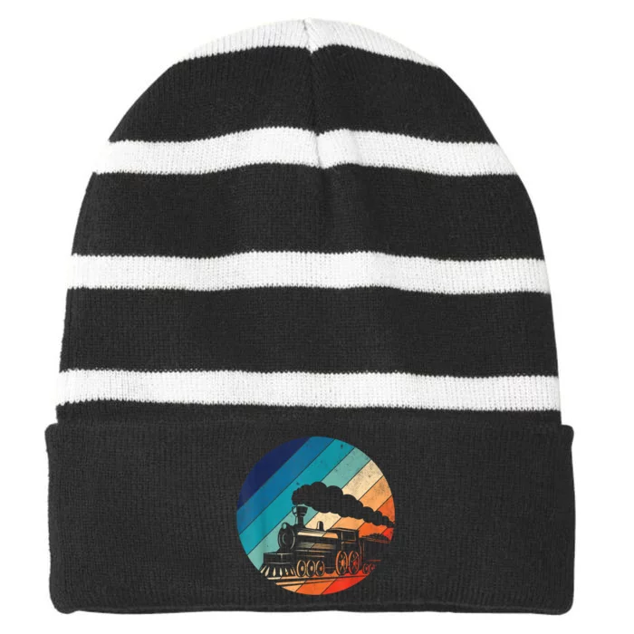 Train Railroad Vintage Retro Locomotive Old Model Striped Beanie with Solid Band