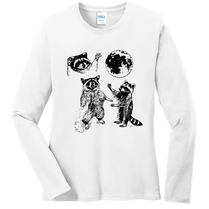 Three Raccoons Vintage Graphic Retro Raccoon Moon Ladies Long Sleeve Shirt