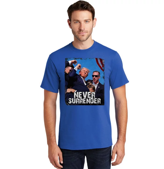 Trump Shot 2024 Rally Never Surrender Tall T-Shirt