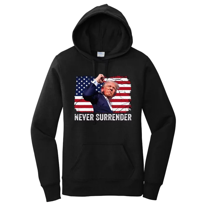 Trump Shot 2024 Rally Never Surrender Women's Pullover Hoodie