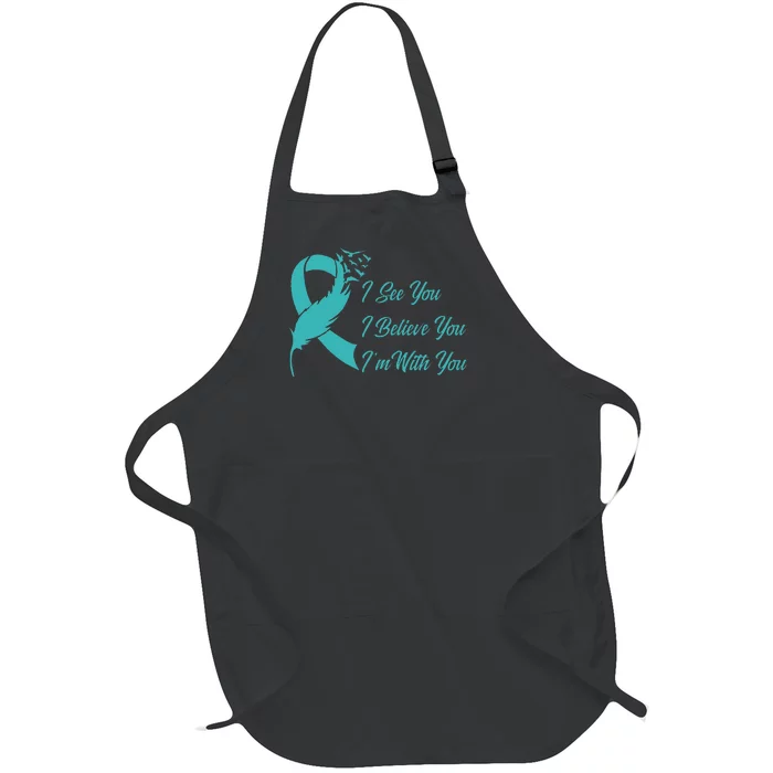 Teal Sexual Assault Awareness Green Feather Ribbon Full-Length Apron With Pocket