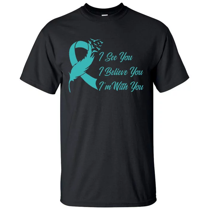 Teal Sexual Assault Awareness Green Feather Ribbon Tall T-Shirt