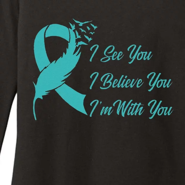 Teal Sexual Assault Awareness Green Feather Ribbon Womens CVC Long Sleeve Shirt