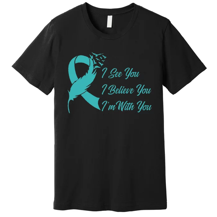 Teal Sexual Assault Awareness Green Feather Ribbon Premium T-Shirt