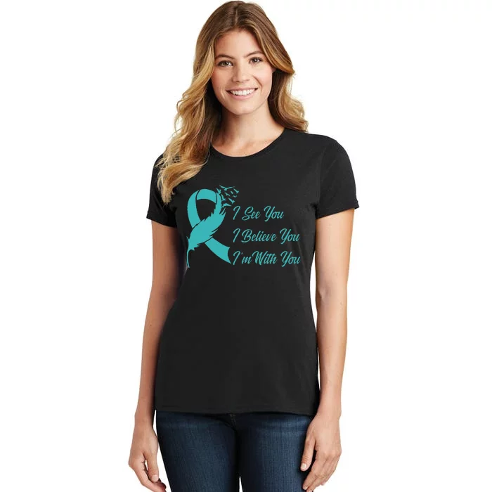 Teal Sexual Assault Awareness Green Feather Ribbon Women's T-Shirt