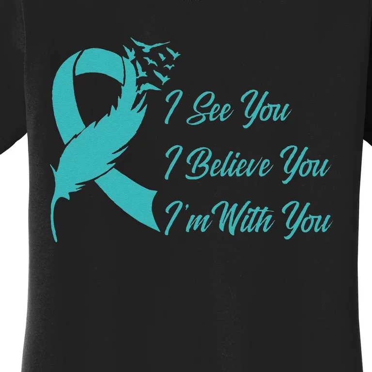 Teal Sexual Assault Awareness Green Feather Ribbon Women's T-Shirt