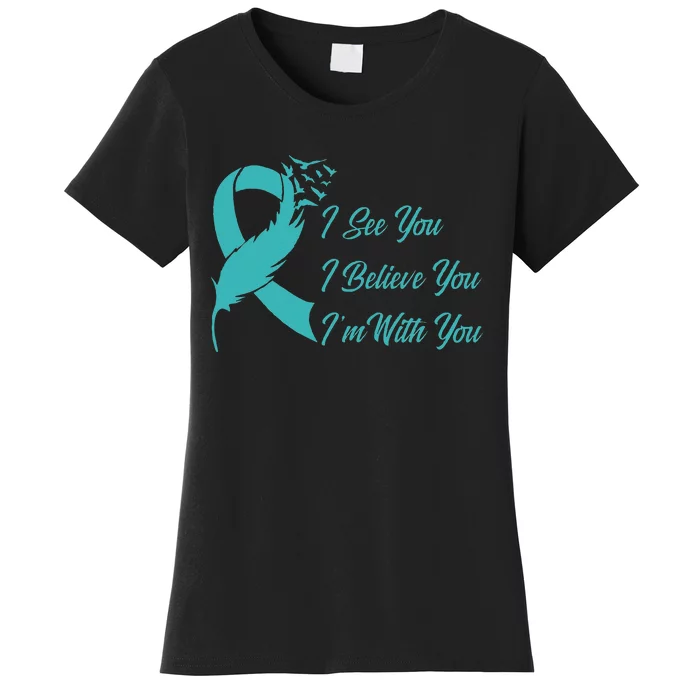 Teal Sexual Assault Awareness Green Feather Ribbon Women's T-Shirt