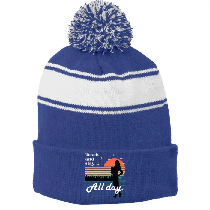 Teach Slay All Day Fun School Teacher Stripe Pom Pom Beanie