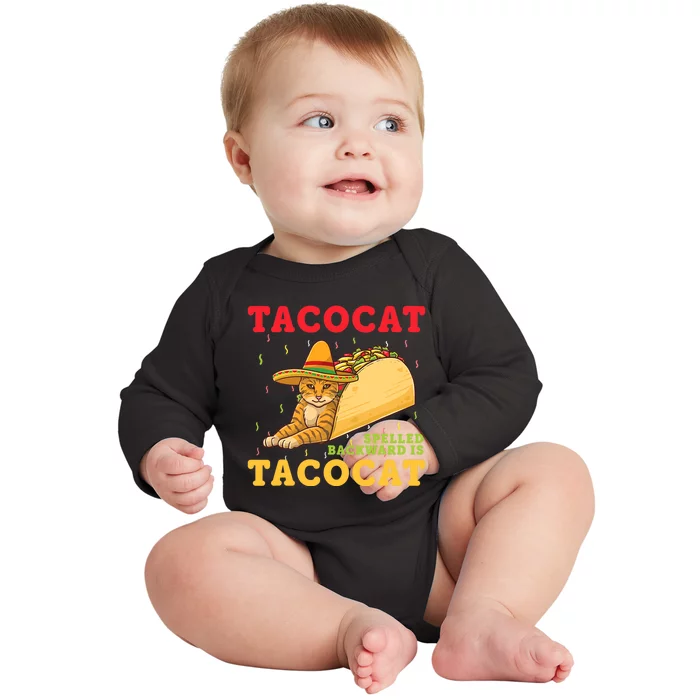 Tacocat Spelled Backwards Tacos and Cats Cinco De Mayo Cat Baby Long Sleeve Bodysuit