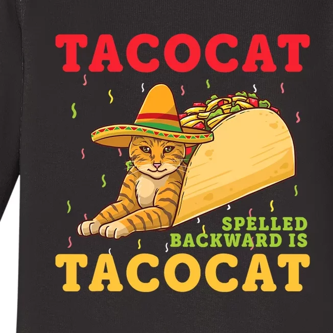 Tacocat Spelled Backwards Tacos and Cats Cinco De Mayo Cat Baby Long Sleeve Bodysuit