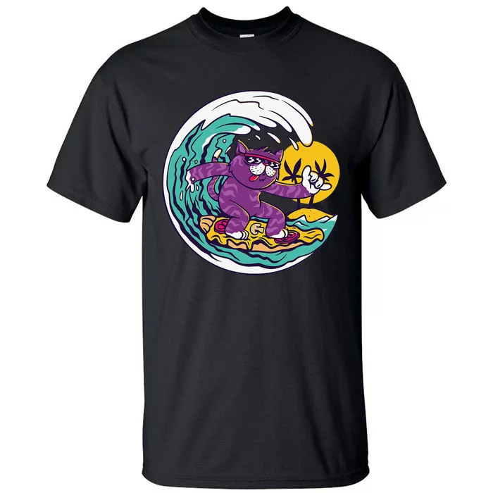 Tropical Summer Beach Cat Surfing on Pizza Tall T-Shirt