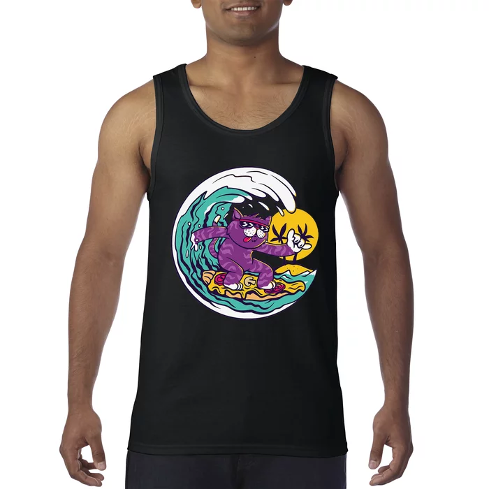 Tropical Summer Beach Cat Surfing on Pizza Tank Top