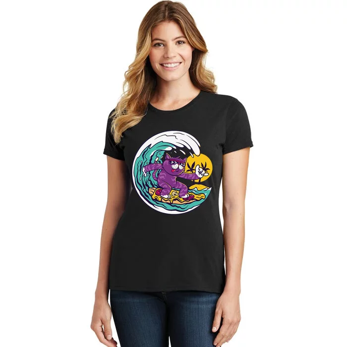 Tropical Summer Beach Cat Surfing on Pizza Women's T-Shirt