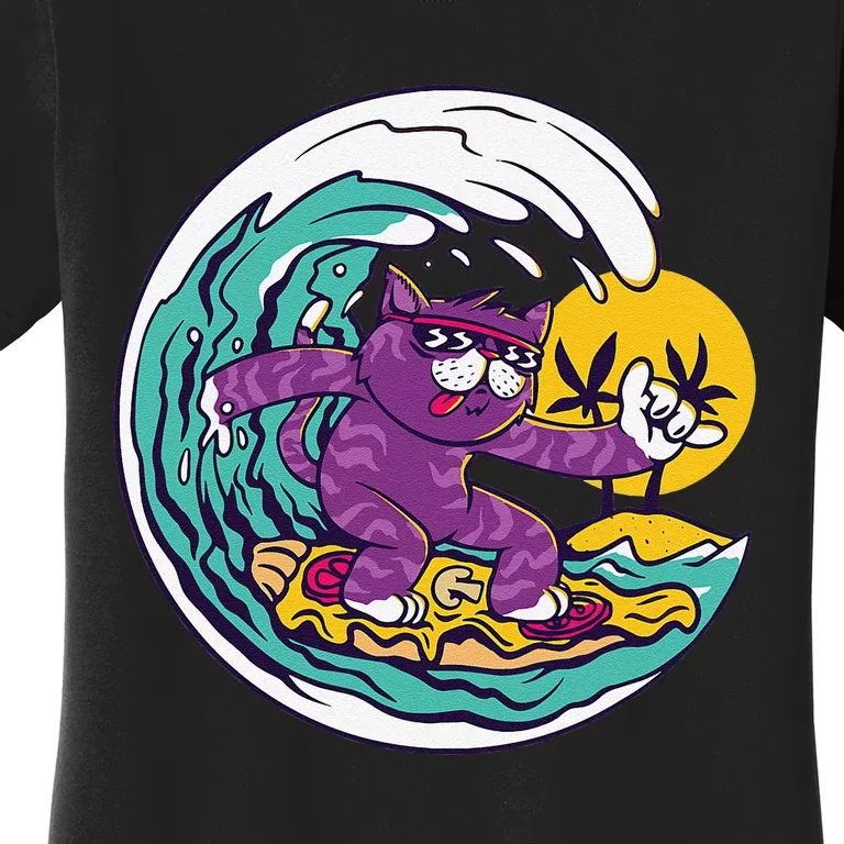 Tropical Summer Beach Cat Surfing on Pizza Women's T-Shirt