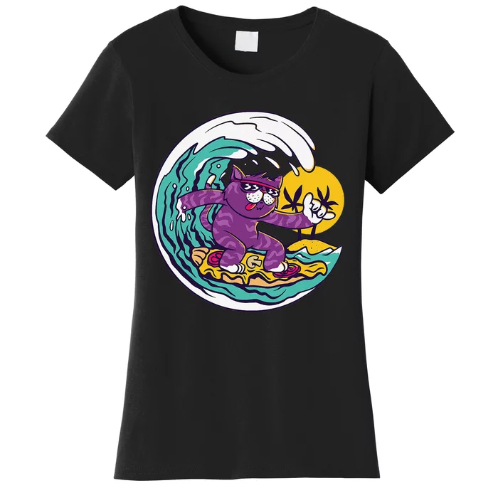 Tropical Summer Beach Cat Surfing on Pizza Women's T-Shirt