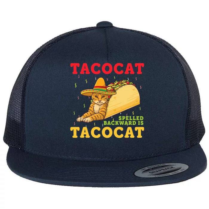 Tacocat Spelled Backwards Tacos and Cats Cinco De Mayo Cat Flat Bill Trucker Hat