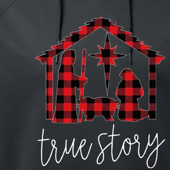 True Story Christmas Manger Nativity Scene Buffalo Plaid Performance Fleece Hoodie