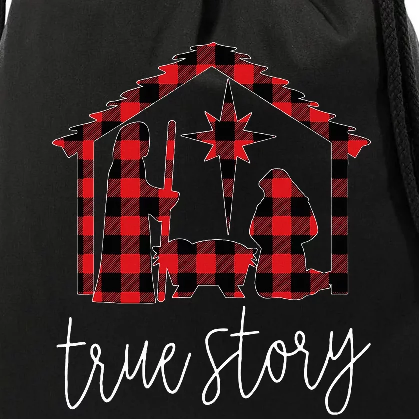 True Story Christmas Manger Nativity Scene Buffalo Plaid Drawstring Bag