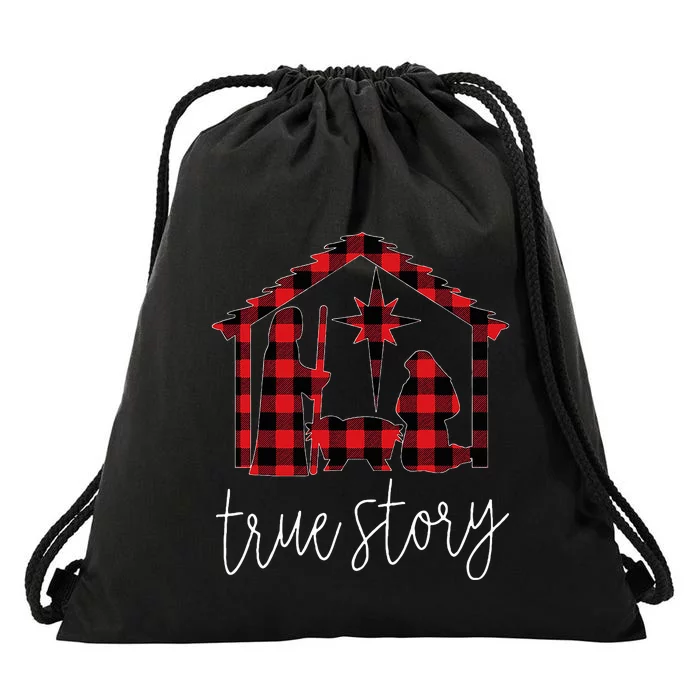 True Story Christmas Manger Nativity Scene Buffalo Plaid Drawstring Bag