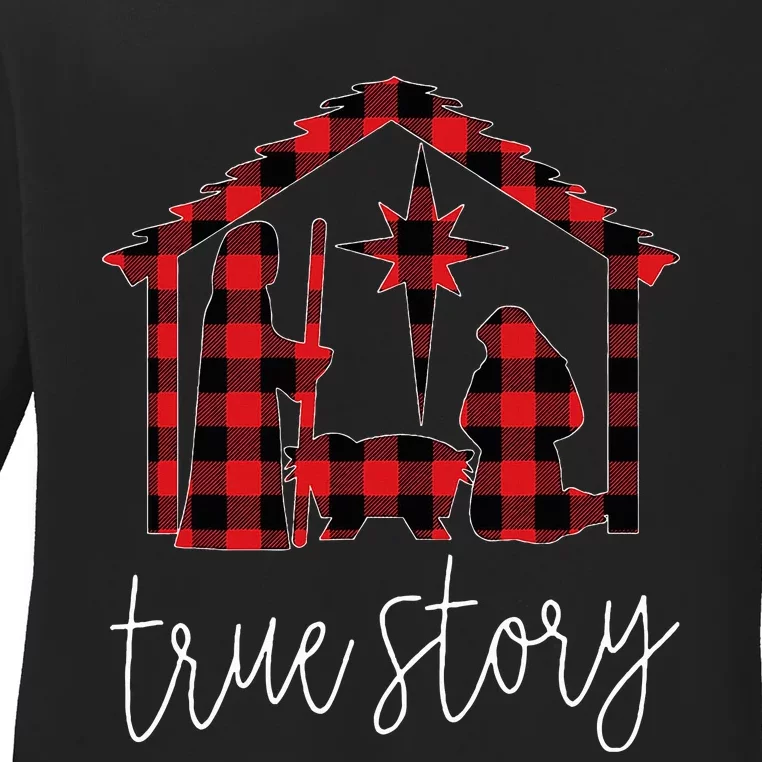 True Story Christmas Manger Nativity Scene Buffalo Plaid Ladies Long Sleeve Shirt