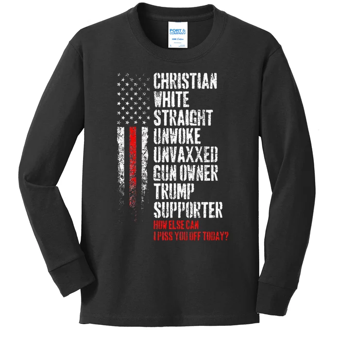 Trump Supporter Christian White Straight Unwoke Unvaxxed Kids Long Sleeve Shirt