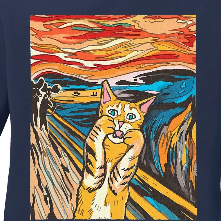 The Scream Cat Parody Funny Cat Parody Art Painting Ladies Long Sleeve Shirt