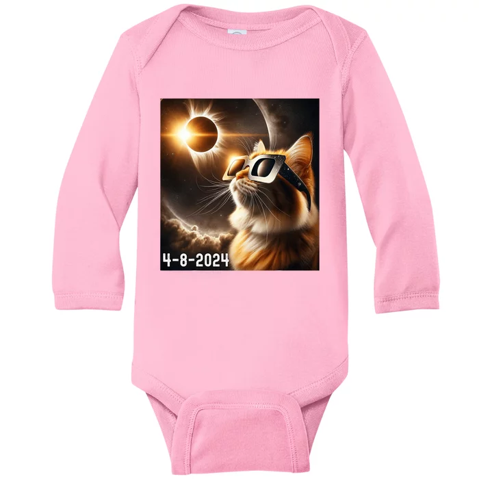 Total Solar Eclipse 2024 Cat Wearing Solar Eclipse Glasses Baby Long Sleeve Bodysuit