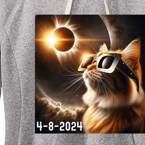 Total Solar Eclipse 2024 Cat Wearing Solar Eclipse Glasses Women's Fleece Hoodie