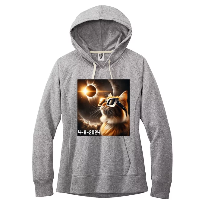 Total Solar Eclipse 2024 Cat Wearing Solar Eclipse Glasses Women's Fleece Hoodie