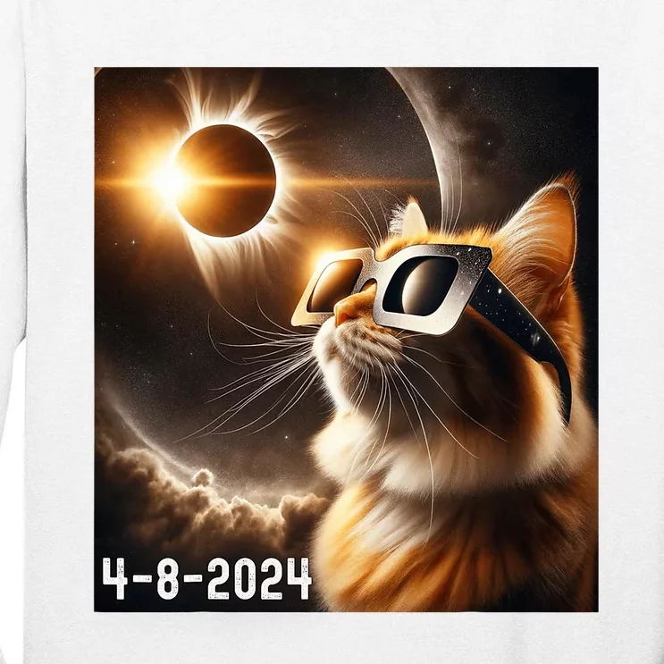 Total Solar Eclipse 2024 Cat Wearing Solar Eclipse Glasses Tall Long Sleeve T-Shirt