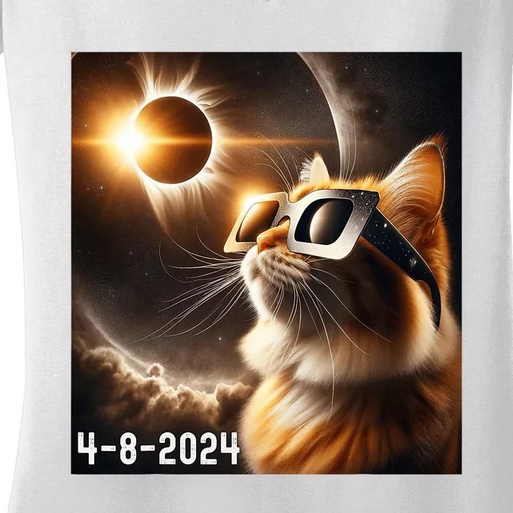 Total Solar Eclipse 2024 Cat Wearing Solar Eclipse Glasses Women's V-Neck T-Shirt