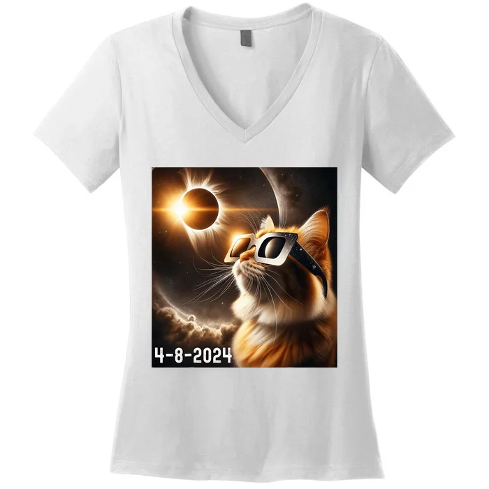 Total Solar Eclipse 2024 Cat Wearing Solar Eclipse Glasses Women's V-Neck T-Shirt