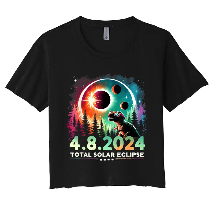 Total Solar Eclipse Funny Dinosaur Wearing Glasses Women's Crop Top Tee