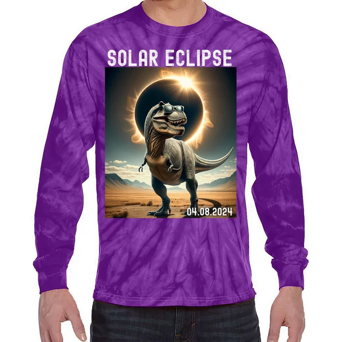 Total Solar Eclipse Trex Dinosaur April 8 2024 Tie-Dye Long Sleeve Shirt