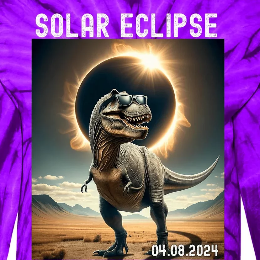 Total Solar Eclipse Trex Dinosaur April 8 2024 Tie-Dye Long Sleeve Shirt