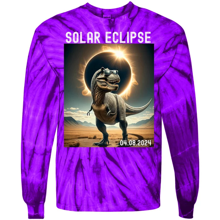 Total Solar Eclipse Trex Dinosaur April 8 2024 Tie-Dye Long Sleeve Shirt