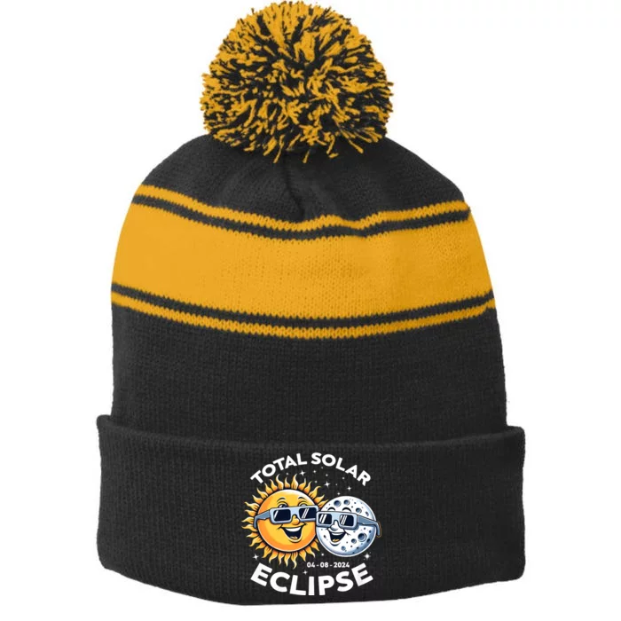 Total Solar Eclipse Totality Monday April 8 2024 Stripe Pom Pom Beanie