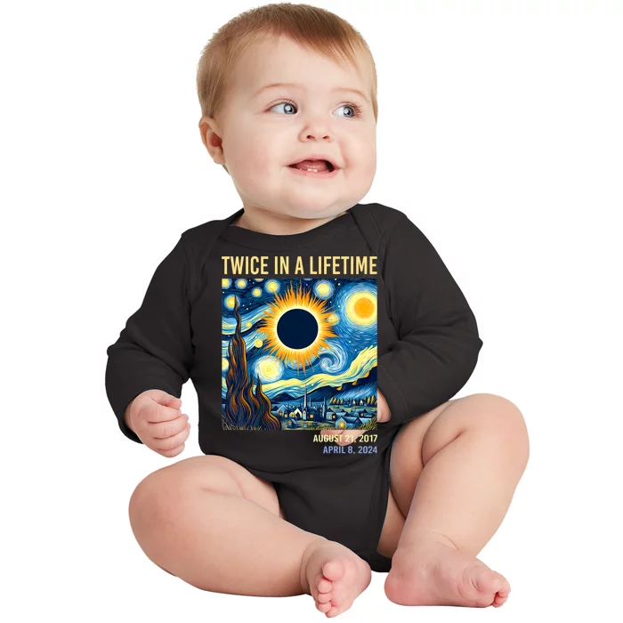 Total Solar Eclipse 2024 Twice In A Lifetime Starry Night Van Gogh Totality Baby Long Sleeve Bodysuit