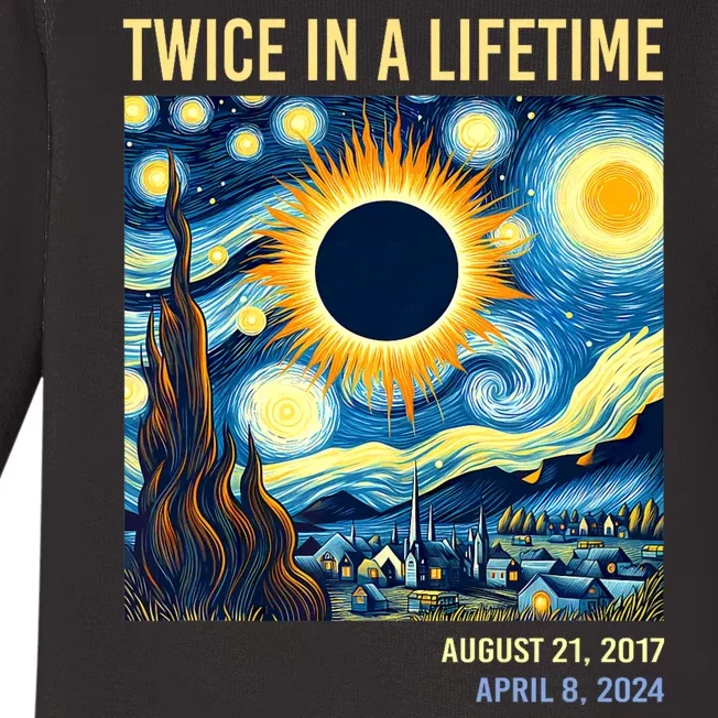 Total Solar Eclipse 2024 Twice In A Lifetime Starry Night Van Gogh Totality Baby Long Sleeve Bodysuit