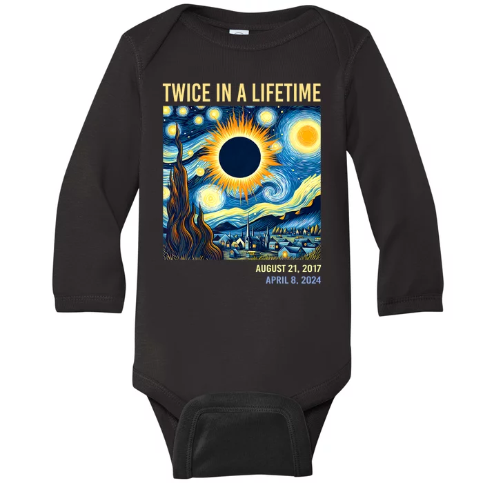 Total Solar Eclipse 2024 Twice In A Lifetime Starry Night Van Gogh Totality Baby Long Sleeve Bodysuit