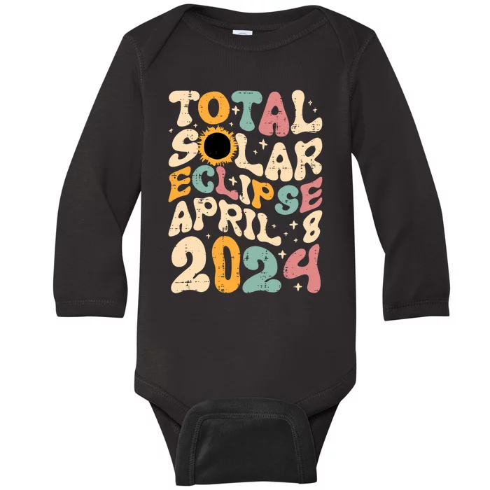 Total Solar Eclipse April 8 2024 Retro Groovy Baby Long Sleeve Bodysuit