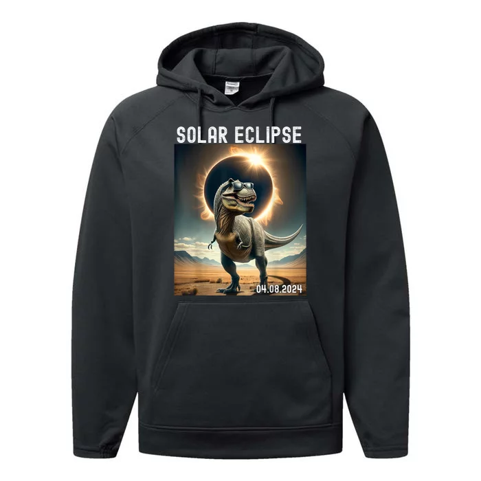 Total Solar Eclipse Trex Dinosaur April 8 2024 Performance Fleece Hoodie