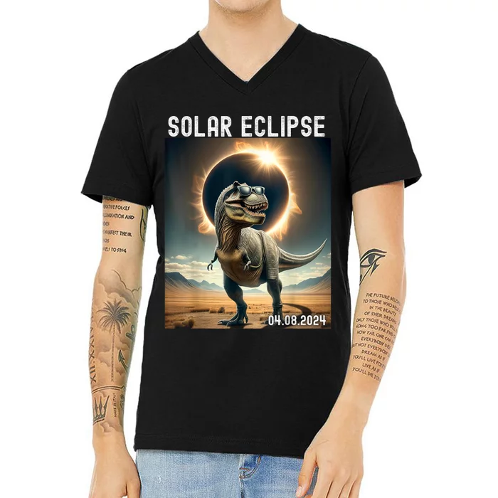 Total Solar Eclipse Trex Dinosaur April 8 2024 V-Neck T-Shirt