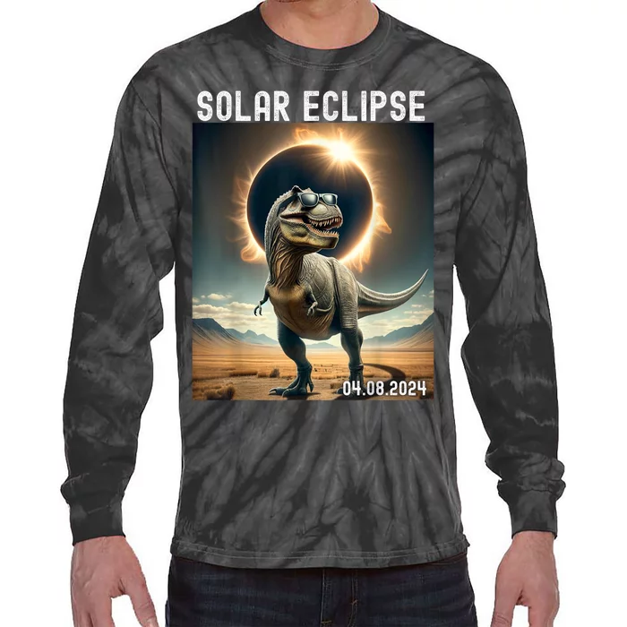 Total Solar Eclipse Trex Dinosaur April 8 2024 Tie-Dye Long Sleeve Shirt