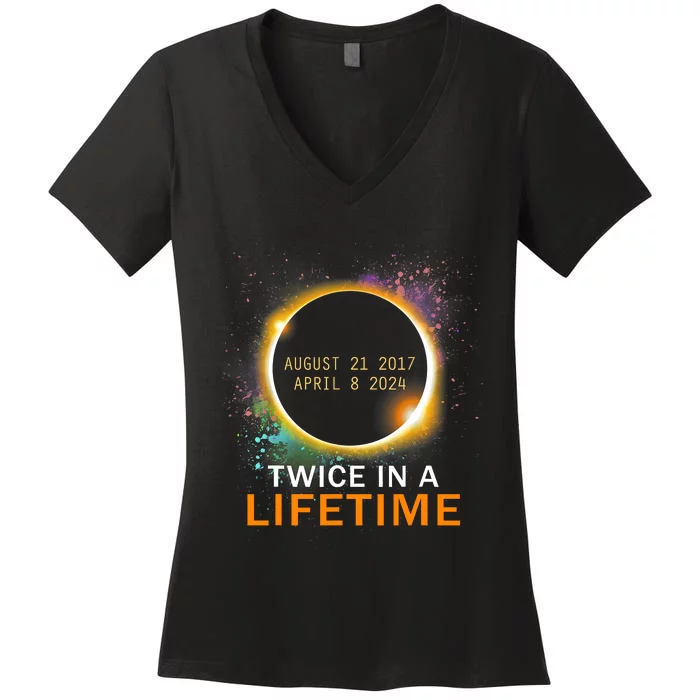 Total Solar Eclipse Twice In A Lifetime 2024 Total Eclipse Women's V-Neck T-Shirt