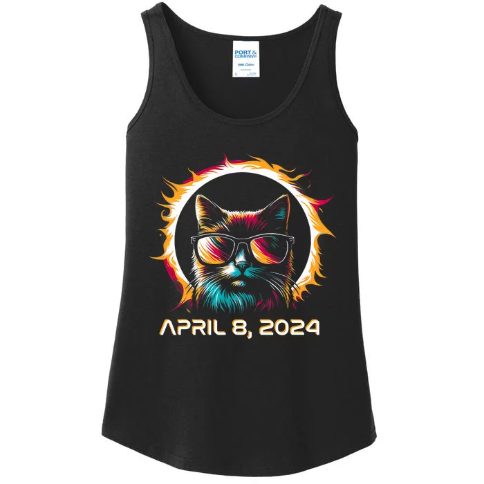 Total Solar Eclipse 2024 Cat In Astronomy Glasses Ladies Essential Tank