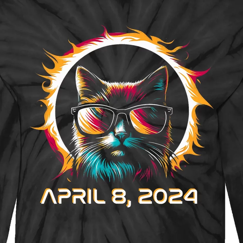 Total Solar Eclipse 2024 Cat In Astronomy Glasses Tie-Dye Long Sleeve Shirt