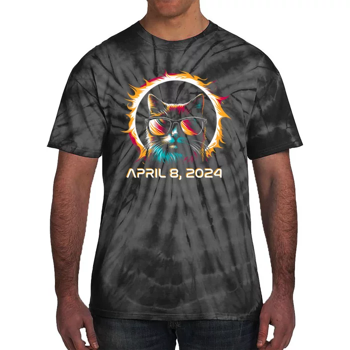 Total Solar Eclipse 2024 Cat In Astronomy Glasses Tie-Dye T-Shirt